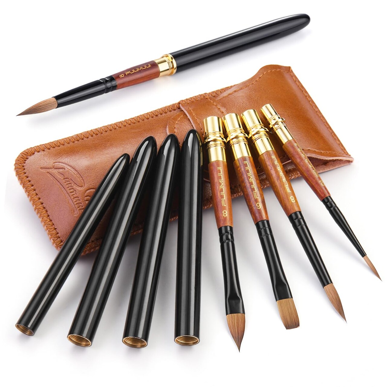 Sable Travel Watercolor Brushes, Fuumuui 4pcs Elegant Kolinsky Sable Travel Brushes Travel Watercolor Kit with Leather Pouch Perfect for Watercolor Gouache Ink Painting
